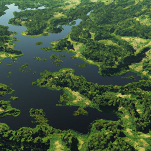מבט אווירי של המערכת האקולוגית המגוונת של האי, כולל ביצות, ביצות ויערות