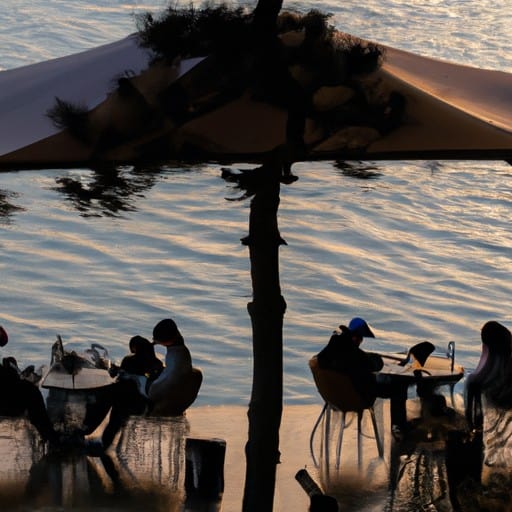 אנשים נהנים מערב נינוח בבית קפה על שפת האגם