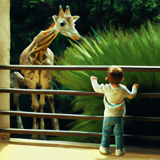 ילד סקרן צופה בג'ירפה בגן החיות של ברצלונה