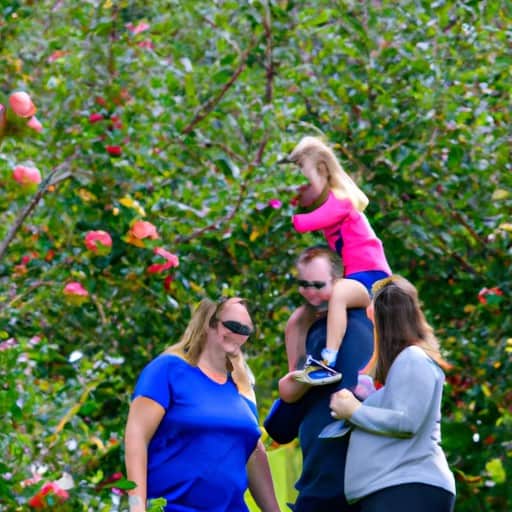 משפחה מאושרת קוטפת תפוחים במטע ציורי בניו אינגלנד