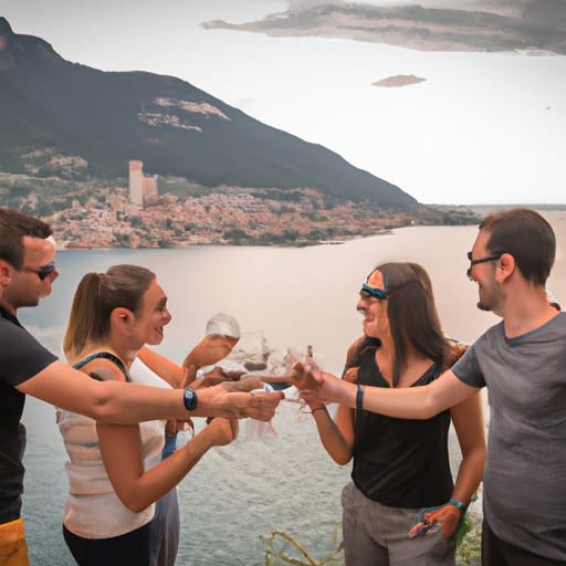 קבוצת חברים כוסית לחופשה הבלתי נשכחת שלהם באגם גארדה
