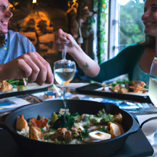 זוג נהנה מארוחה טעימה מחווה לשולחן במסעדת אשוויל מקומית