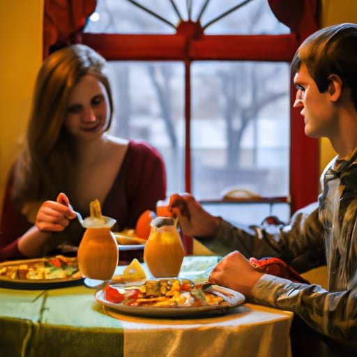 זוג שמתענג על ארוחה טעימה במסעדת סטוקברידג' מקומית מחווה לשולחן.