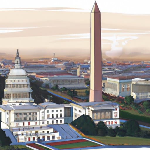 נוף פנורמי של וושינגטון הבירה, המציג נקודות ציון אייקוניות כמו אנדרטת וושינגטון ובניין הקפיטול.