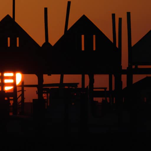 תמונה מעוררת מחשבה של בקתות הסרטנים האייקוניות של האי טנג'יר עם השמש שוקעת מאחוריהם, המסמלת עתיד לא ברור