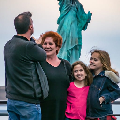 משפחה מצטלמת מול פסל החירות
