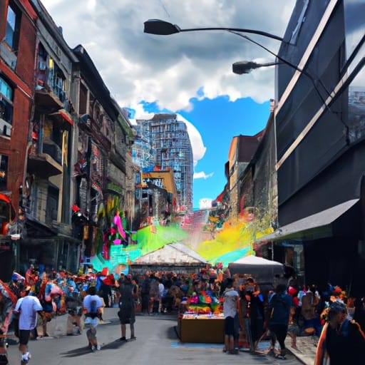 סצנת רחוב תוססת במהלך אחד מהפסטיבלים הרבים של מונטריאול