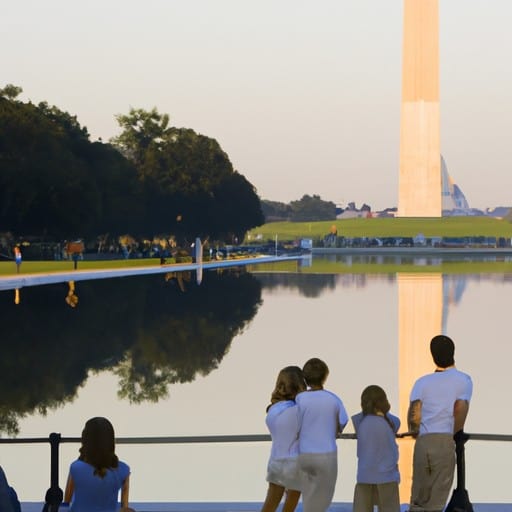 תיירים מתפעלים מאנדרטת וושינגטון, עם הבריכה המשקפת ואנדרטת לינקולן ברקע.