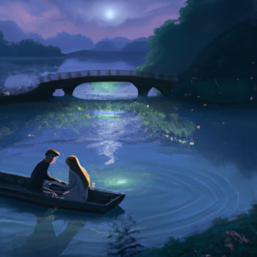 זוג נהנה משיט רומנטי בסירה על מימיו השקטים של האגם