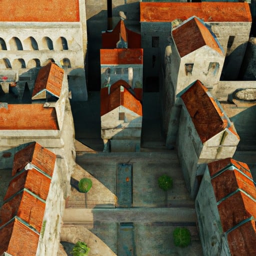 מבט מהאוויר של רחובות מרוצפי האבן והמבנים מימי הביניים בעיר העתיקה