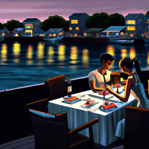 זוג נהנה מארוחת ערב רומנטית במסעדה על שפת המים