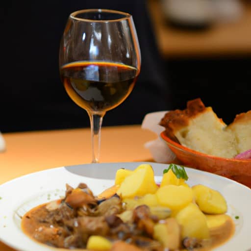 מנה אלזסית מסורתית המוגשת במסעדה מקומית, בליווי כוס יין אזורי