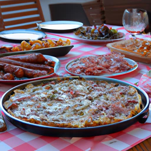 שולחן מלא במנות אלזסיות מסורתיות, כמו טארט פלמבה ו-choucroute garnie