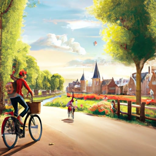 רוכבי אופניים רוכבים לאורך שביל נופי, מאמצים את אורח החיים ההולנדי הפעיל.