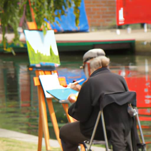 אמן המצייר סצנה שובת לב של נתיבי המים הקסומים של ונציה הקטנה.