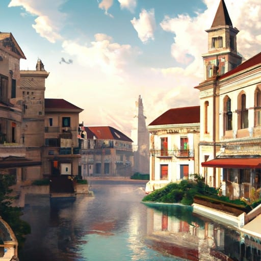 נוף פנורמי של תעלות ונציה הקטנה והמקסימות והמבנים ההיסטוריים.